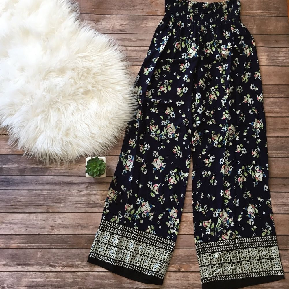 NWT B Floral Print High Waisted Palazzo Pants Navy
